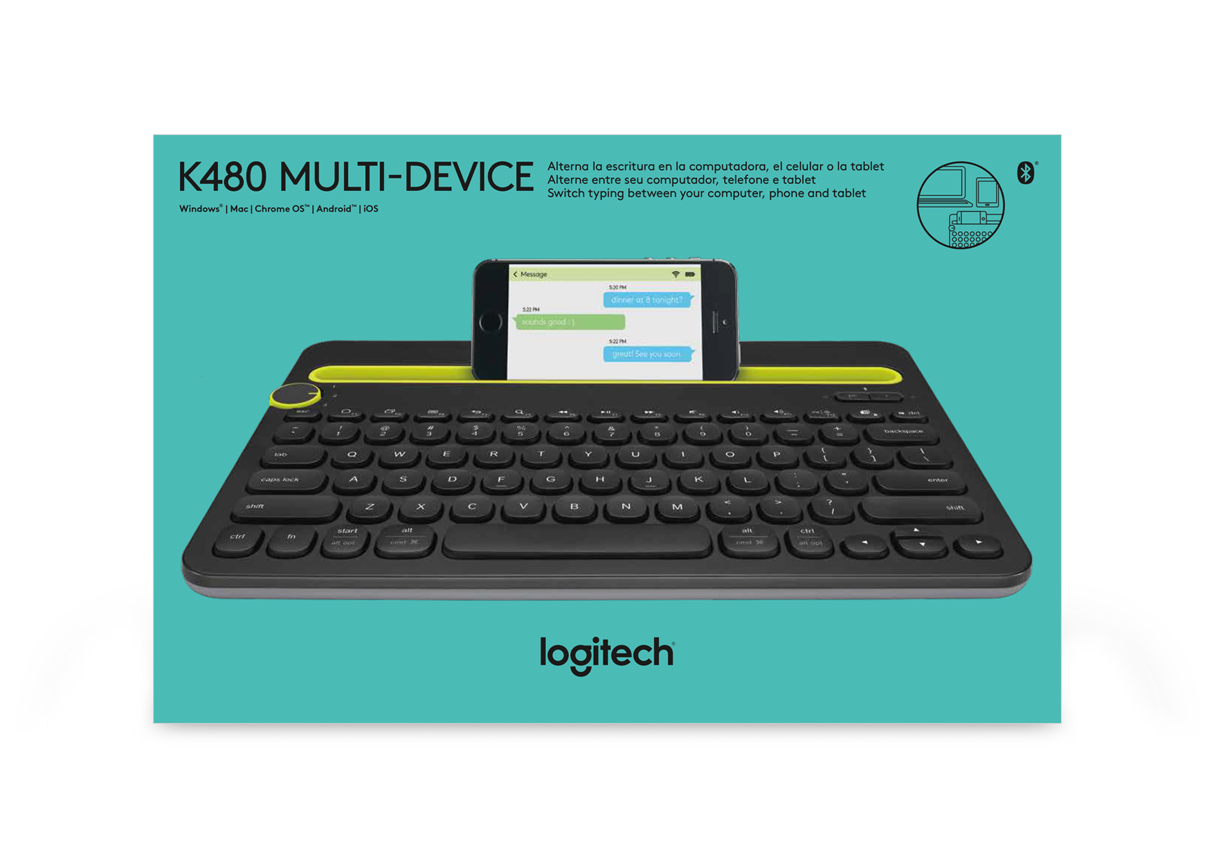 Logitech K480 mobile device keyboard QWERTY US International Black,Yellow Bluetooth Transparent